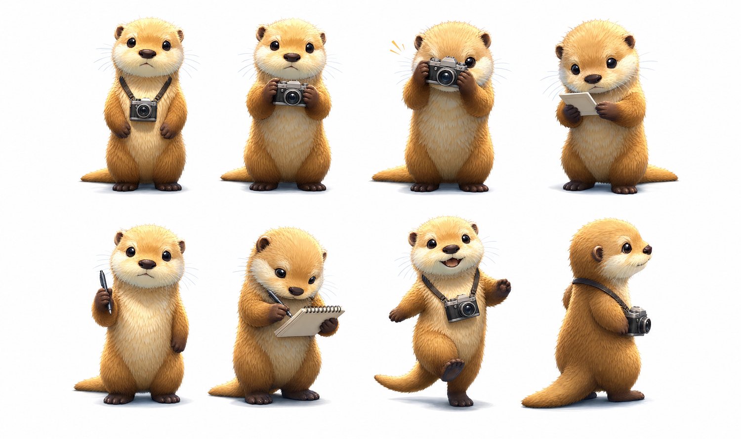 Shutter Otter character poses with cameras and sketch pads